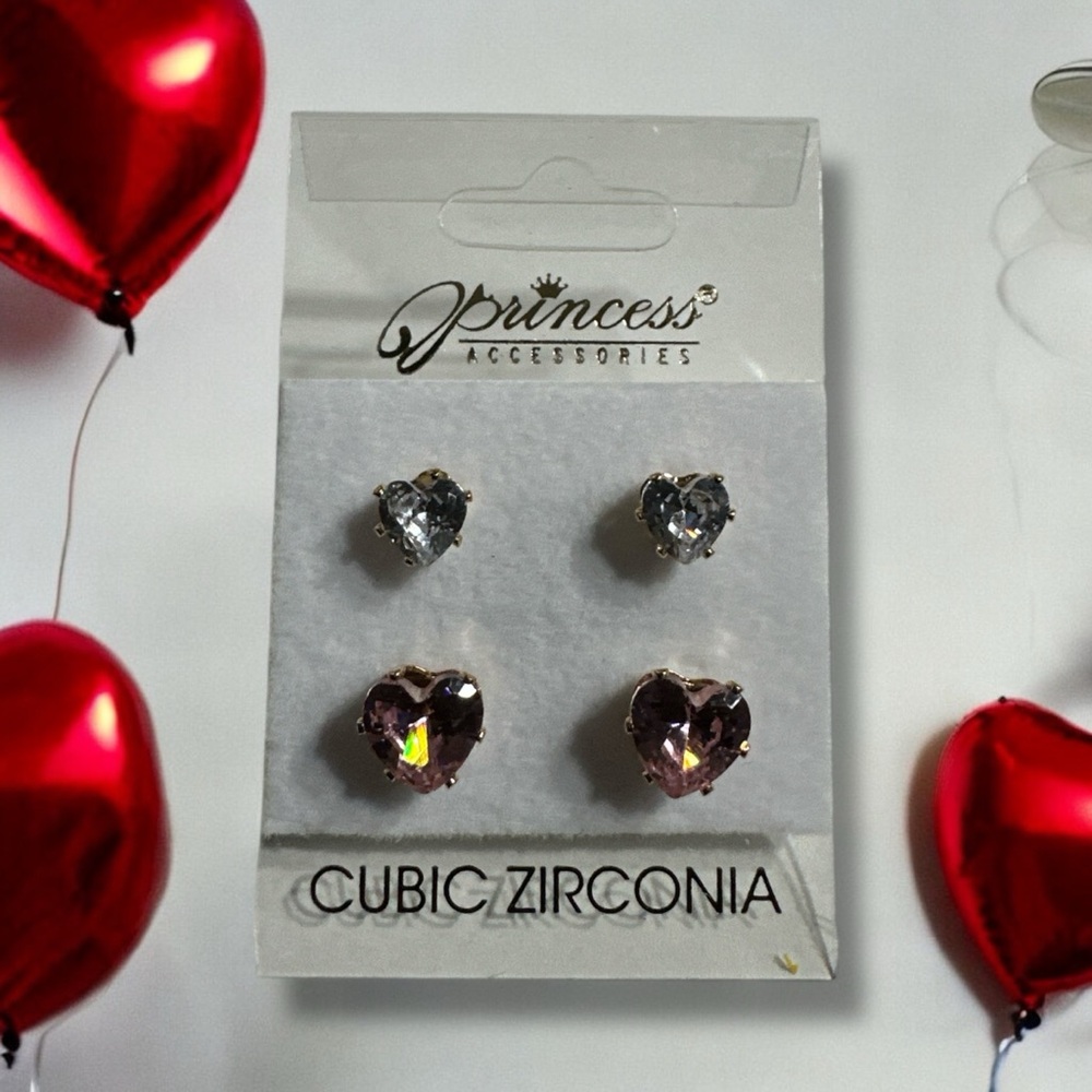 Pink & White Cubic Zirconia Heart Stud Earring Set Last One!